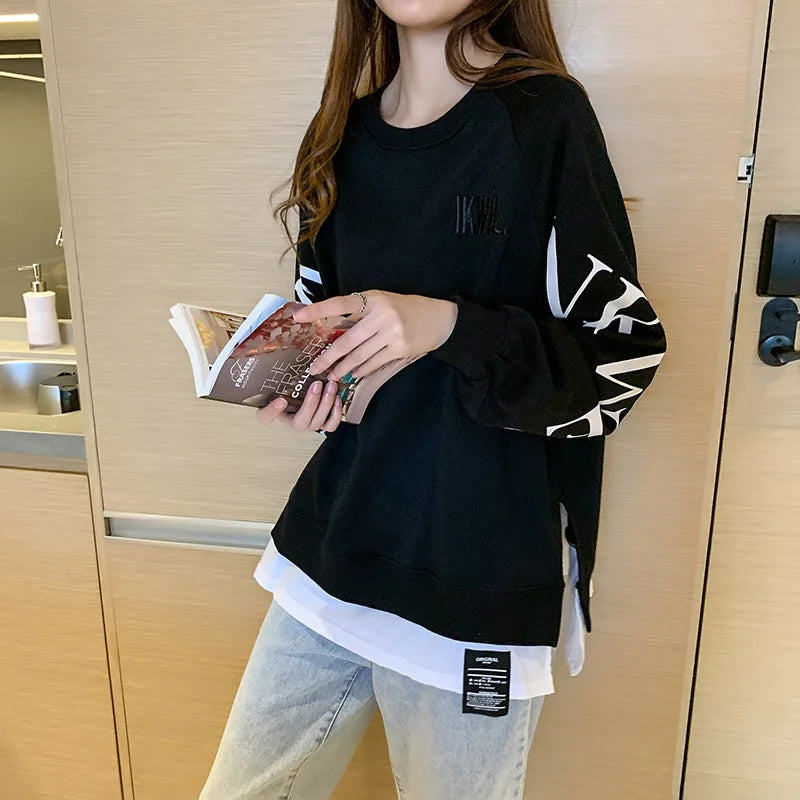 Women's Retro Fake Two-Piece Y2K Tops Long Sleeve Sweatshirt Loose Korean Style 2026 Round Neck Letter Hoodie Harajuku Tops