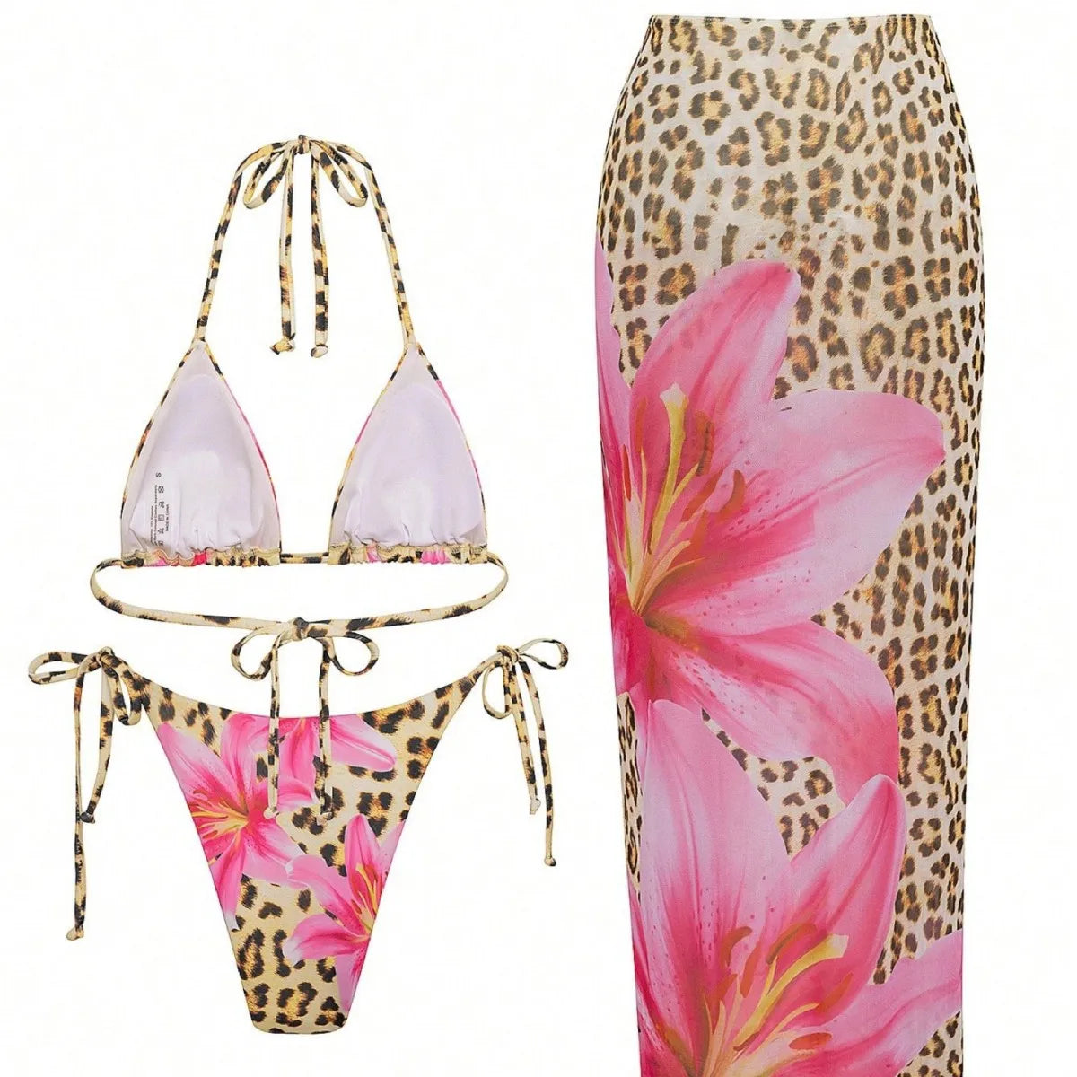 Leopard Pink Lily Flower Print Halter Triangle Bikini Set for Women Long Wrap Skirt Beach Swimwear Cover‑Up Holiday Summer