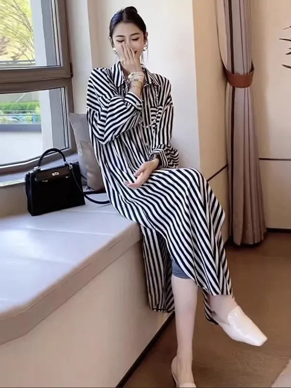 Women's Striped Loose Fit Midi Dress Long Sleeve Korean Style Slimming Sun Protection Casual Shirt Dress for Daily Wear