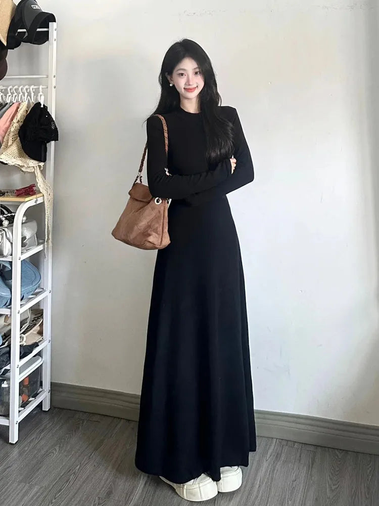 Dress Autumn Winter Women's Long Sleeve Base Layer Dress Slim Fit High Waist A-Line Skirt Korean Style Commute High Quality Dress