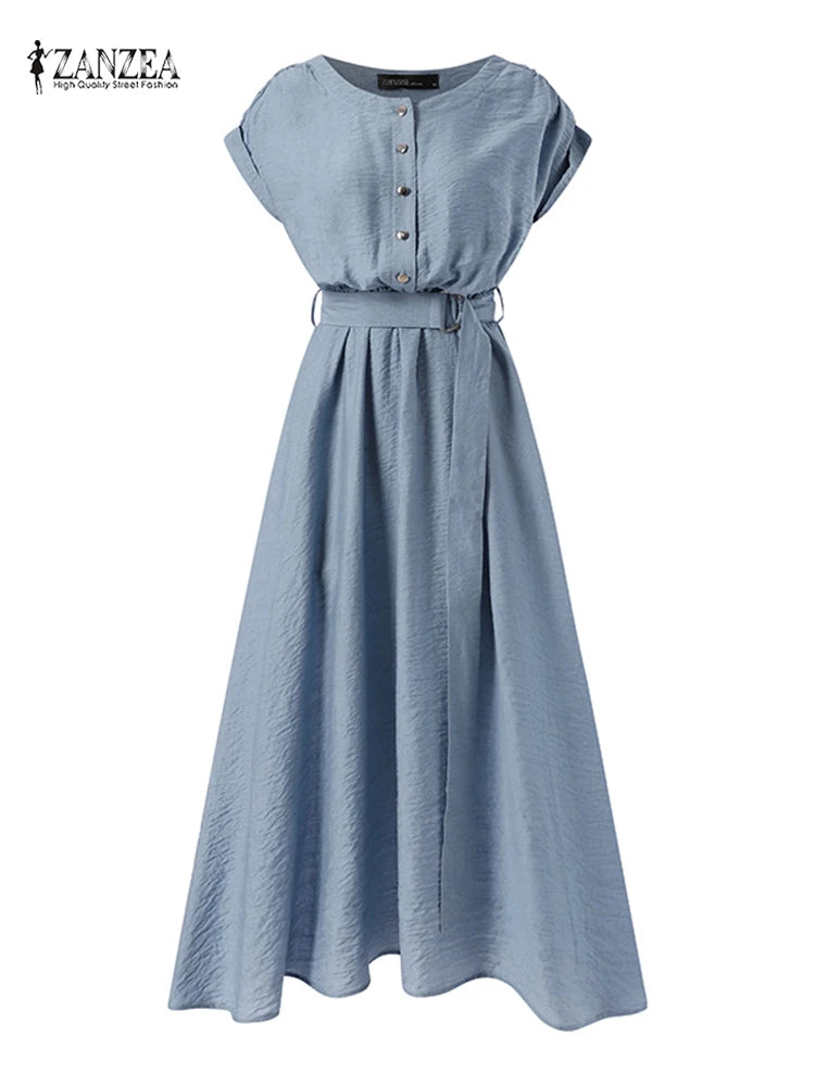 2025 ZANZEA Women Fashion Short Sleeve Dress Summer Elegant Party Vestidos Casual Mid-calf Sundress Femme Vintage OL Robe Kaftan