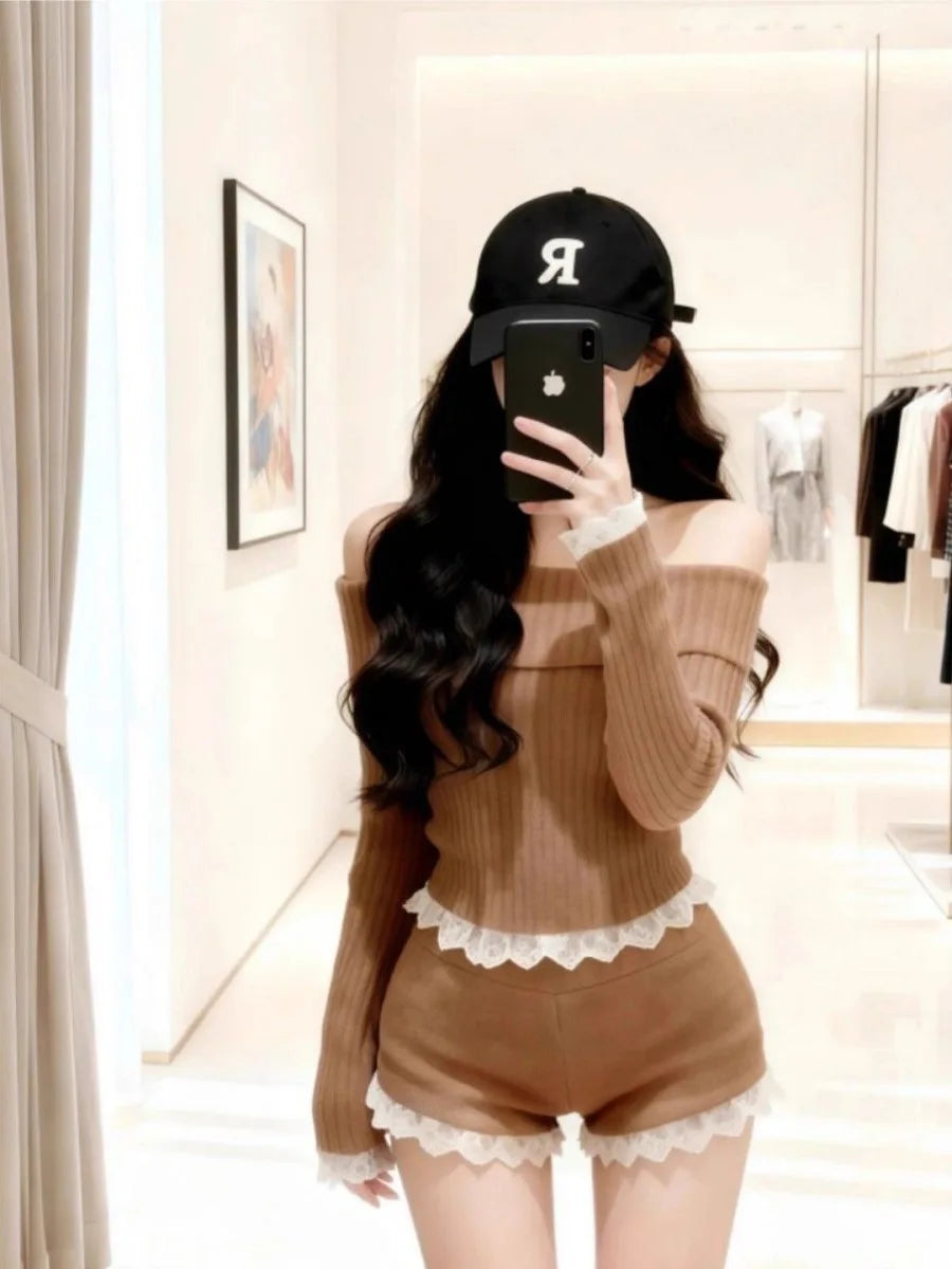 Sexy Retro One-Shoulder Knitted Sweater Two-Piece Set Short Style for Women Trendy Girl Outfit Autumn Winter Arrival