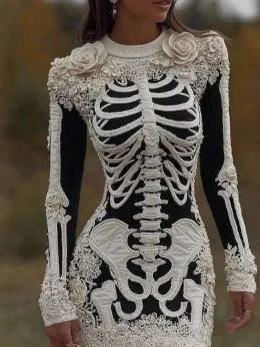 Dress Halloween Skeleton Dress Women's Gothic Style Ghost Party Pure Color Long Sleeve Natural Waist Polyester Fiber Skirt