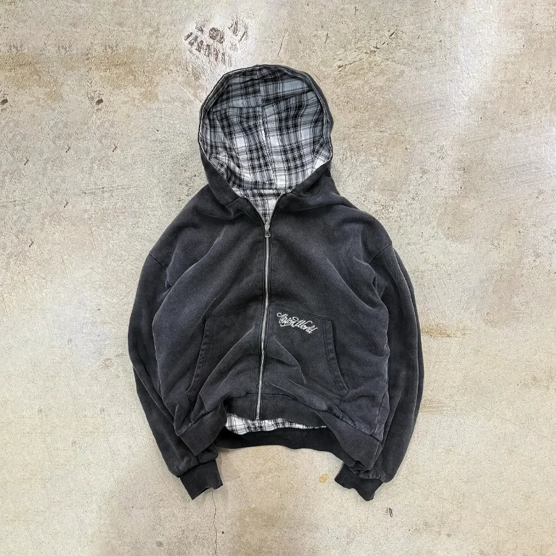 Unisex Reversible Zip Up Hoodie Double Side Wear Plaid Lining Sweatshirt Oversized Casual Streetwear Hooded Top