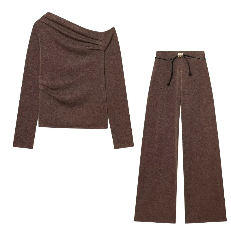 2026 Women's Autumn Matching 2 Piece Set Long Sleeve Ribbed Asymmetric Designer Style Pleated Top And Pants Chic Lady Streetwear