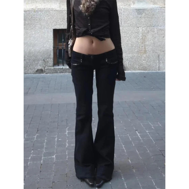 Women's Low Rise Jeans Black Flared Denim Pants Gyaru American Retro Korean Cyber Punk Trumpet Jeans Y2k Skinny Bell Bottom