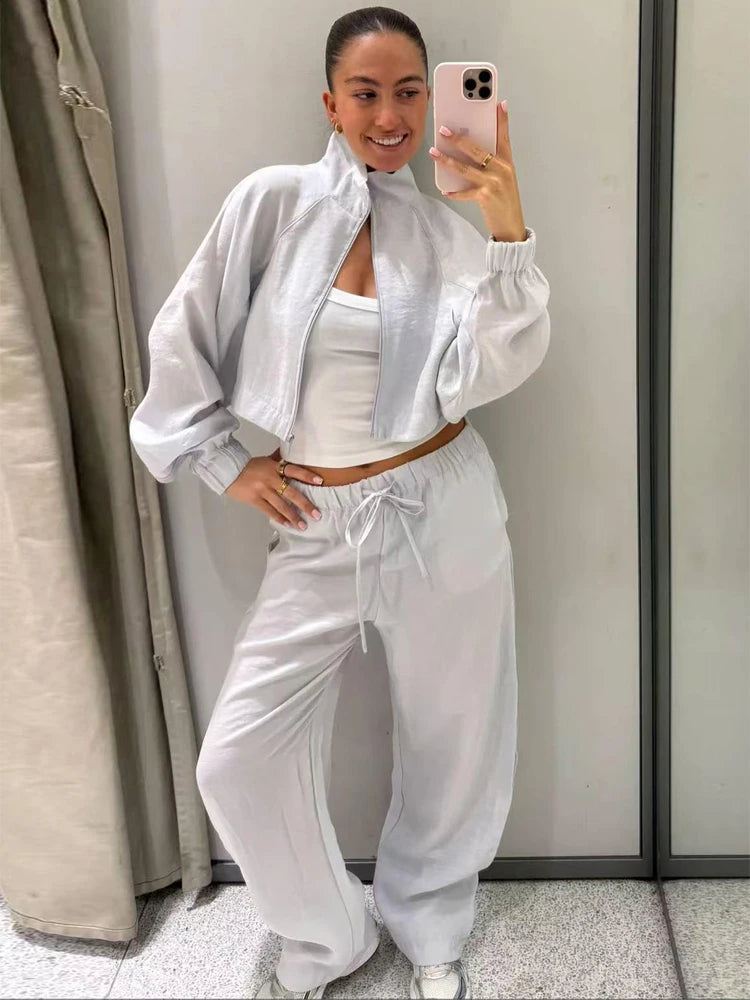 Women 2 Pieces Sets Summer Women's Suit Loose Thin Zip Up Crop Jacket & Wide Leg Pants Sets Female Casual In Matching Sets