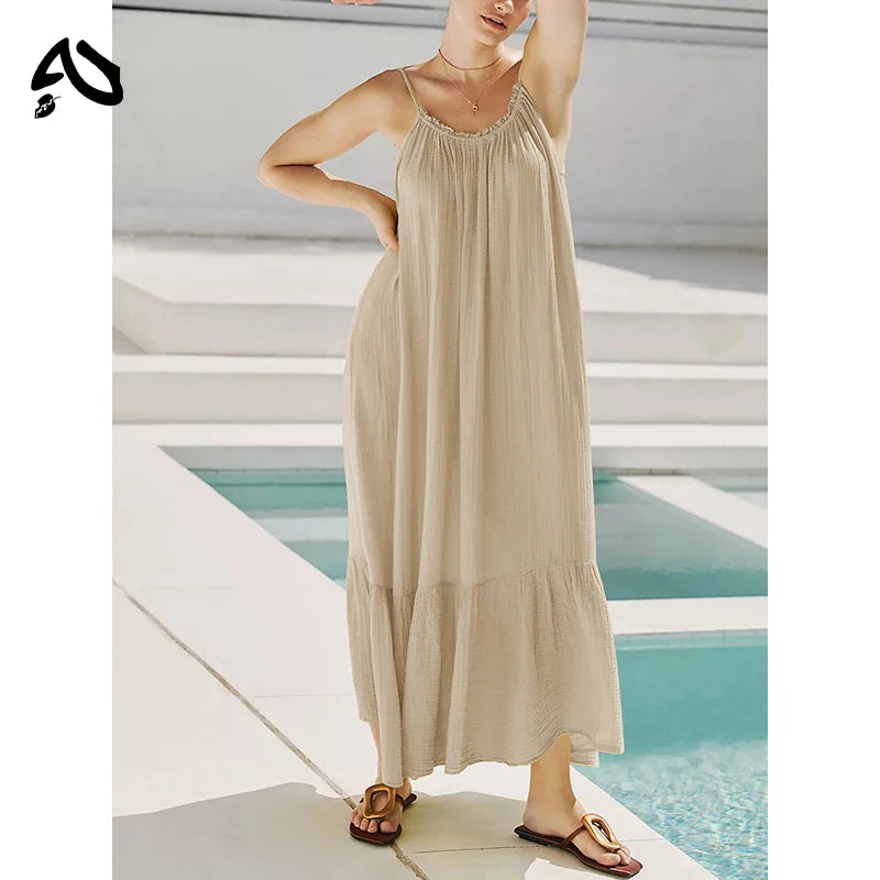 Casual Dress Muslin Elagant Beach Bobo Dress Casual 100% Cotton Retro Maxi Dresses A-Line Sleeveless Summer Sundress Hoilday Travel