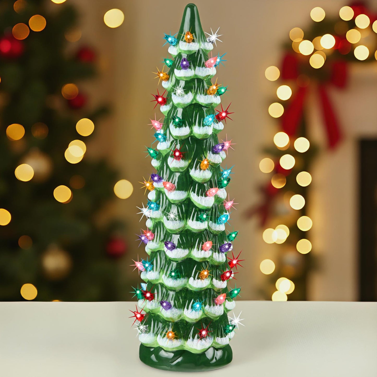 15-Inch Hand-Painted Ceramic Christmas Tree with LED Holiday Lighting
