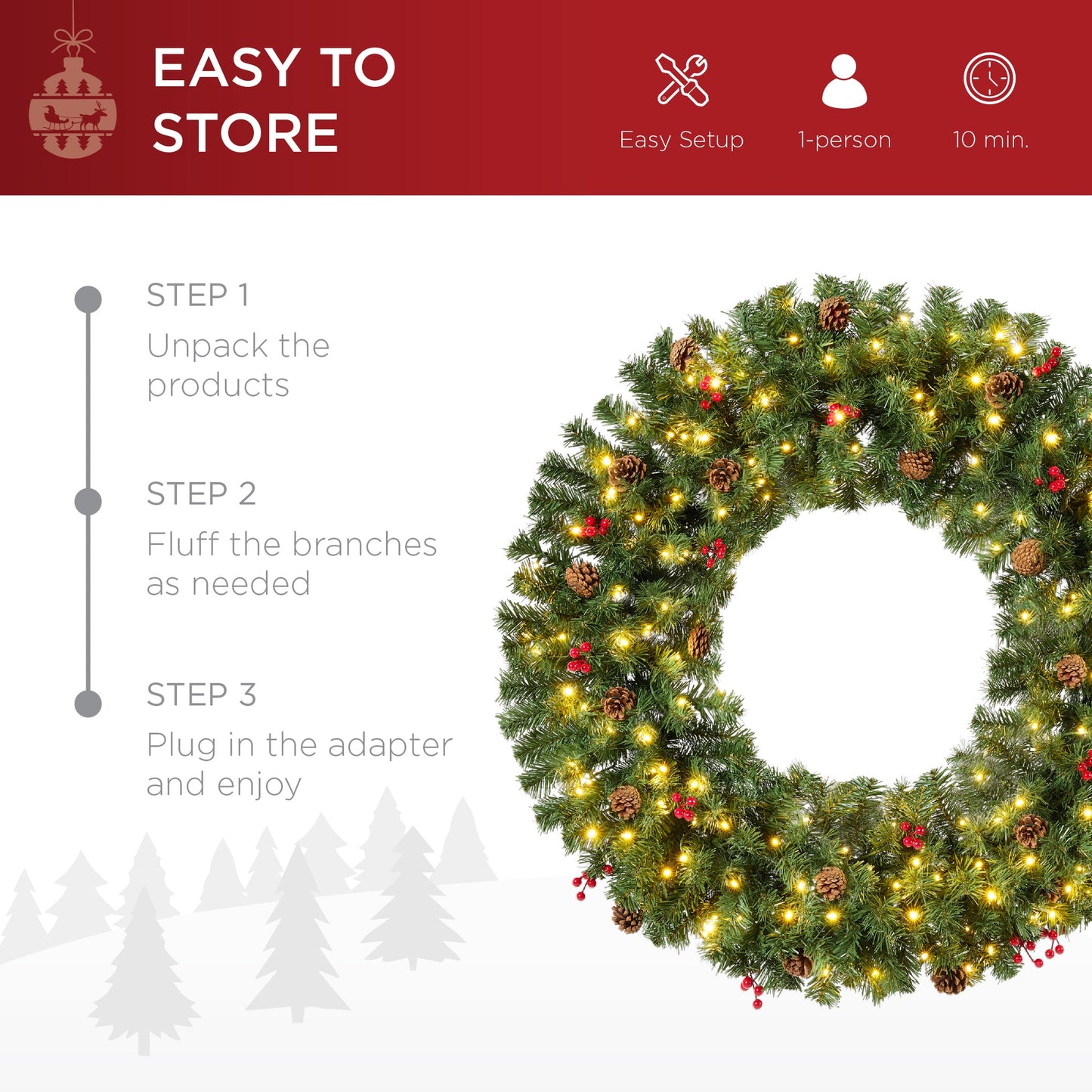 Pre-Lit Artificial Christmas Wreath with Berries & Pinecones