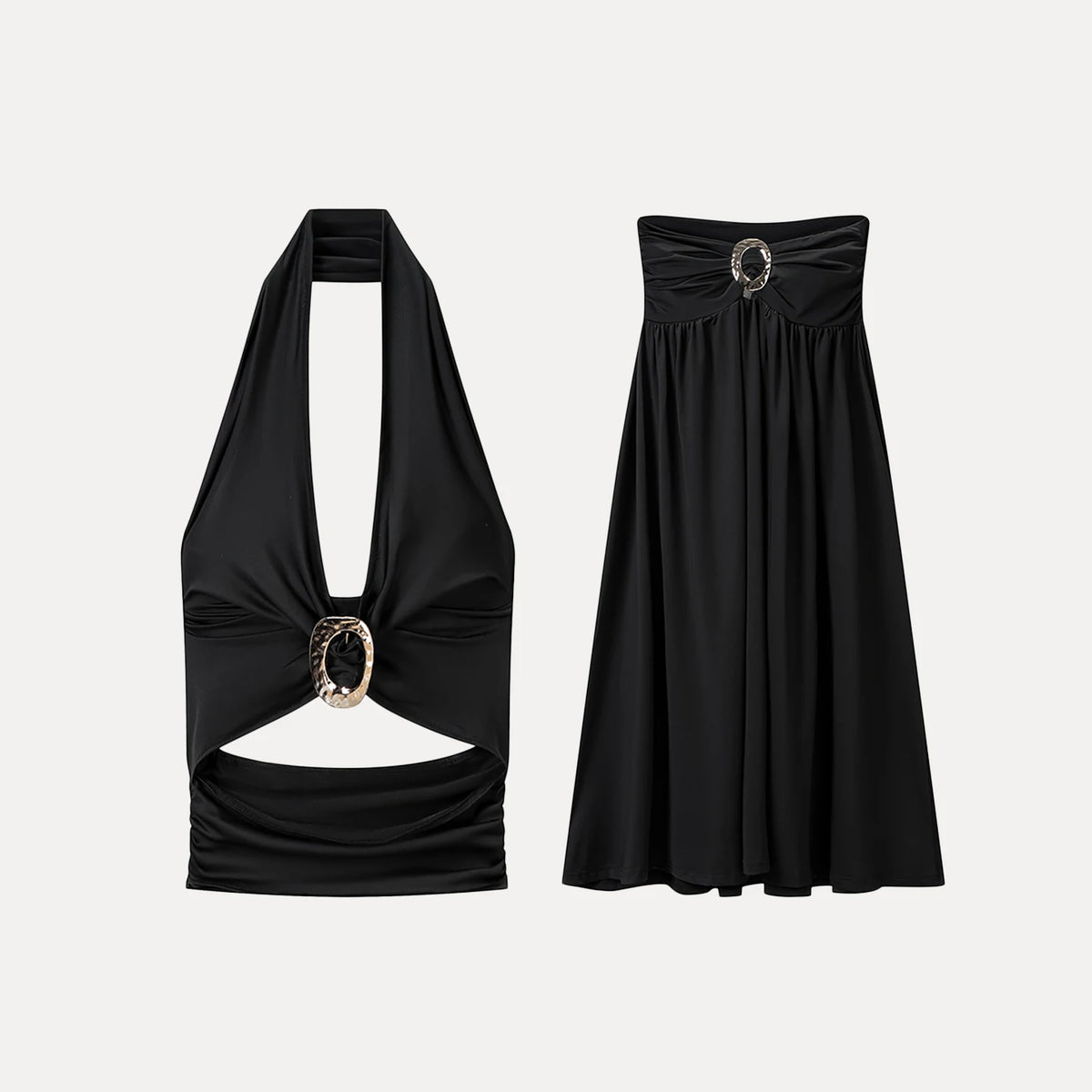 Fashionable Metal Decorated One-Shoulder Long Dress Set Women's Summer Style Slimming Individuality Matching Ensemble