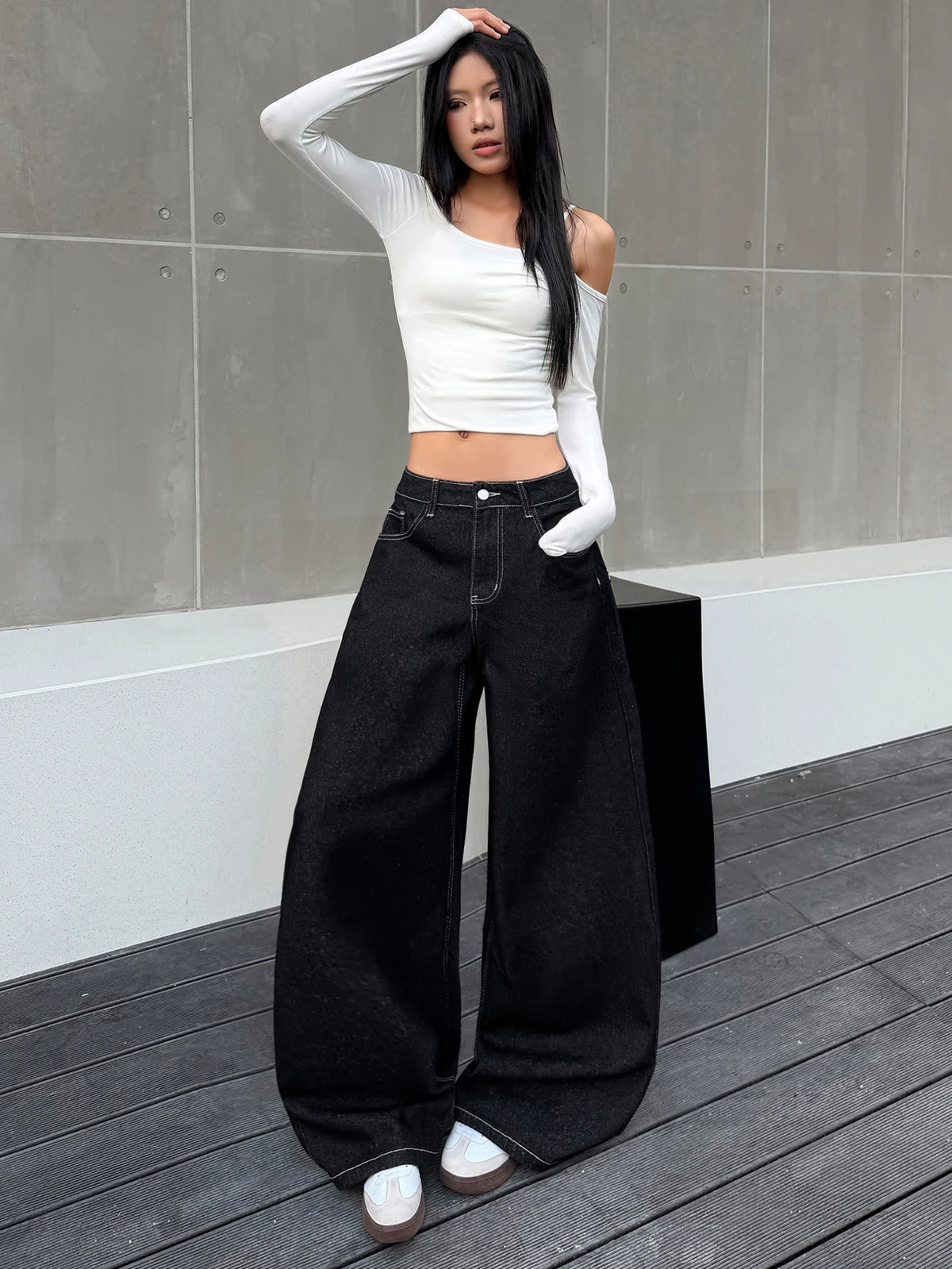 American Vintage Angel Wings Print Black Women's Baggy Wide-Leg Jeans Y2K Streetwear Hip-Hop Trendy Versatile Spicy Girl Straight Pants