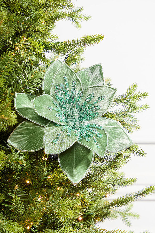 22 Inch Glitter Poinsettia Stem Green Holiday Floral Decoration