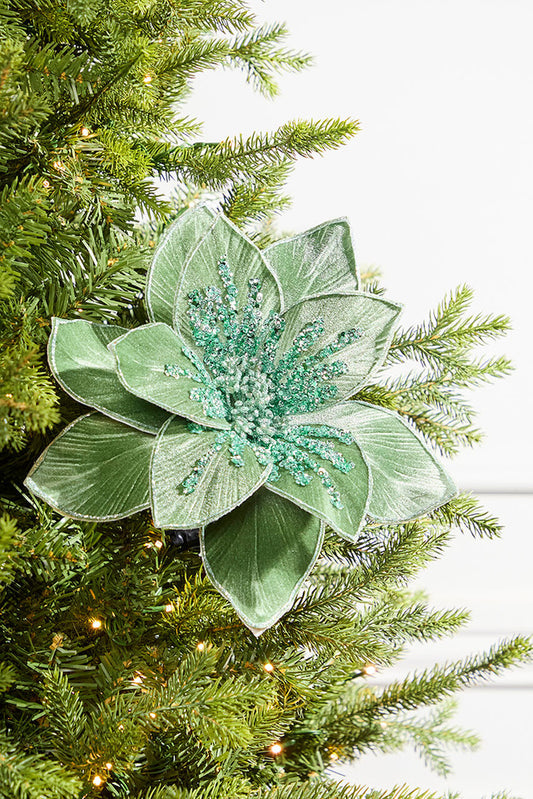 22 Inch Glitter Poinsettia Stem Green Holiday Floral Decoration