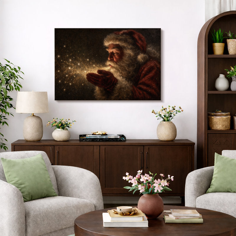 Santa Blowing Magical Stars Christmas Scene Print Pictures Canvas Print Wall Art