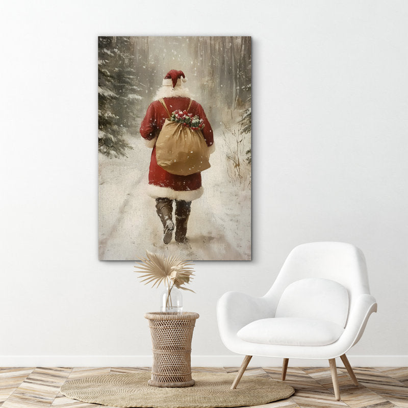 Santa Claus Walking in Winter Road Vintage Warm Cozy Christmas Holiday Framed Canvas Print Wall Art