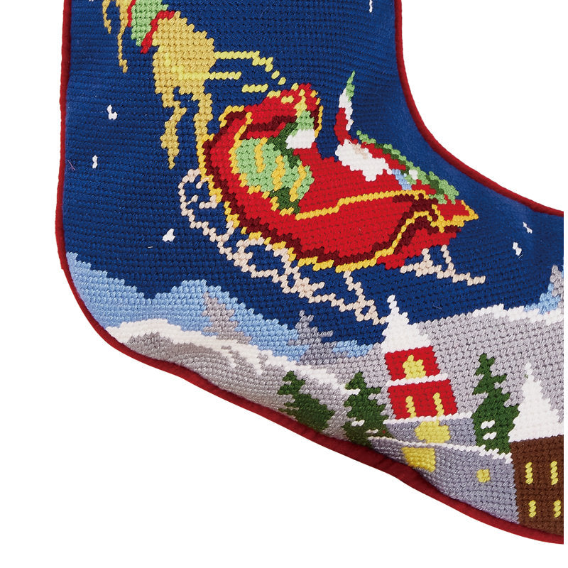 Santa and Reindeer Embroidered Needlepoint Stocking
