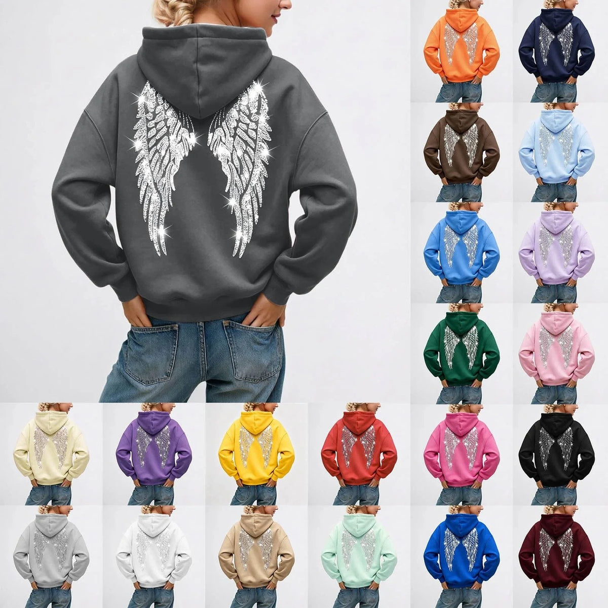 2026 New Unisex Hoodie Solid Color Shiny Diamond Angel Wings Hoodie Sportswear Autumn/Winter Fluffy Fabric Hoodie Street Wear
