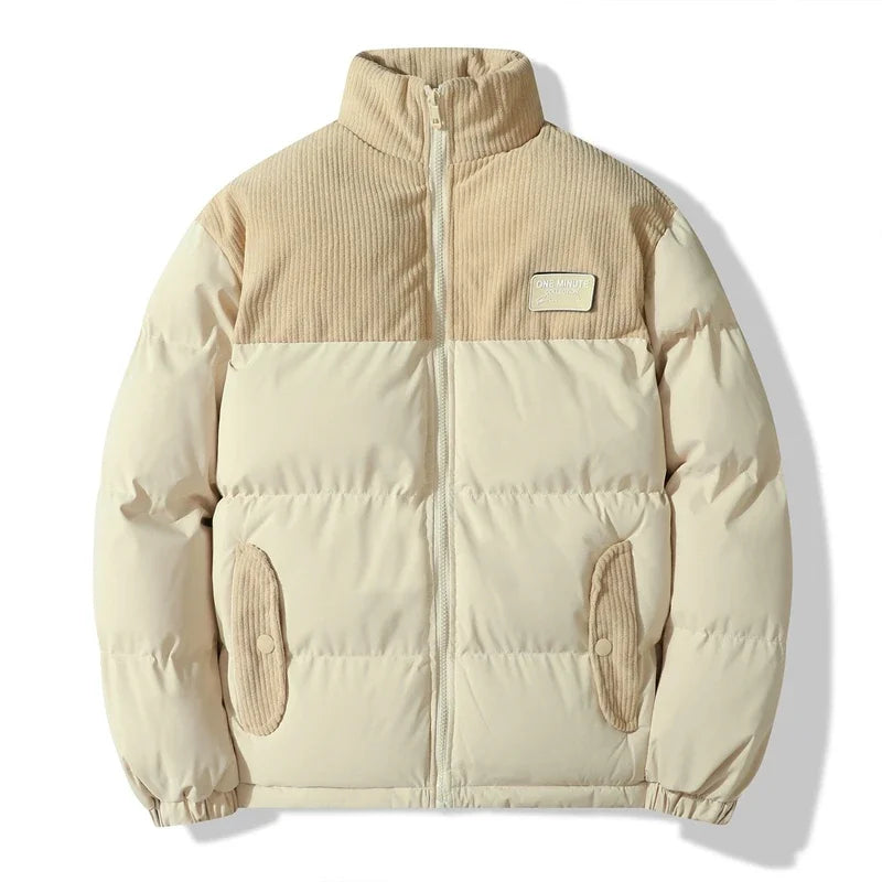 Corduroy Patchwork Embroidered Cotton Padded Jacket Men Winter Thicken Vintage Overcoat Tops Warm Parkas Stand Collar Loose Coat