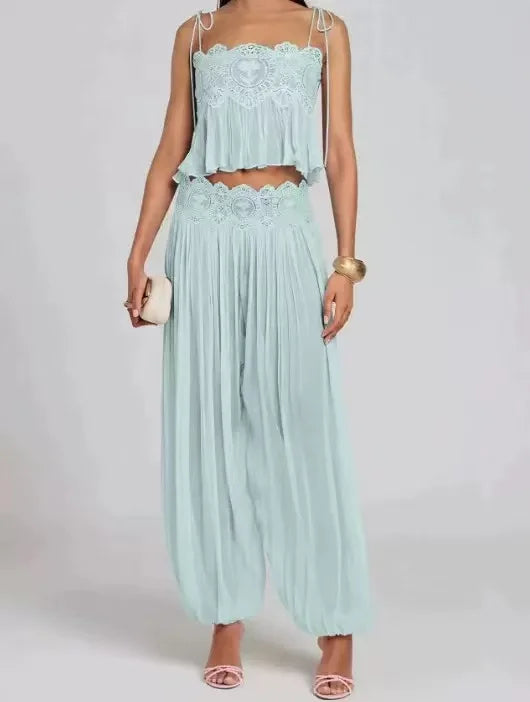 Beach Floral Women's Sets Beach Water‑Soluble Floral Lace Hollow Out Women's Pants Sets, Ruffles Spaghetti Strap Crop Tops, Loose Pleated Lantern Pants, 2