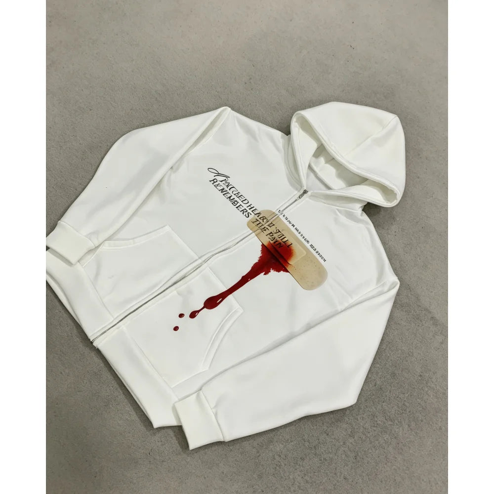 Y2K Gothic Zip Up Hoodie Unisex Bandage Blood Print Full Zipper Hooded Sweatshirt A Patched Heart Letter Oversized Streetwear
