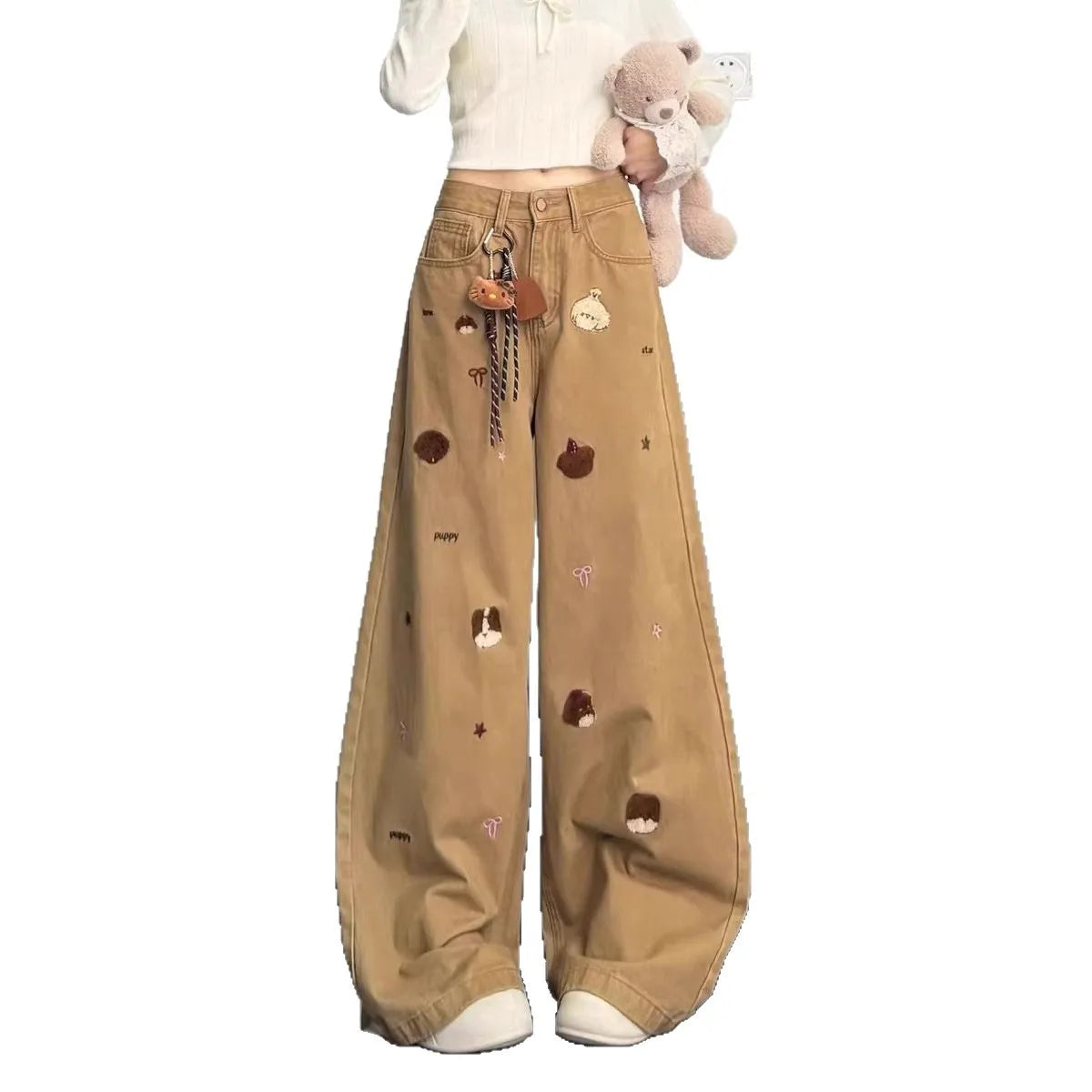 Women Maillard Style Khaki Embroidered High Waist Wide Leg Jeans Loose Casual Pants