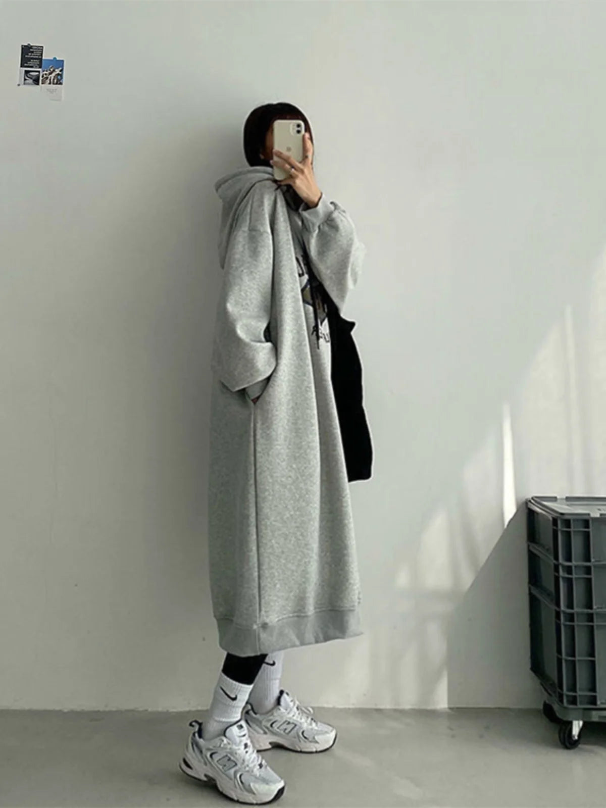 plus Size Women's Fleece Lined Hoodie Dress Conceal Meat Lazy Style Loose Autumn Winter Long Sleeve mid Length a Line Dress