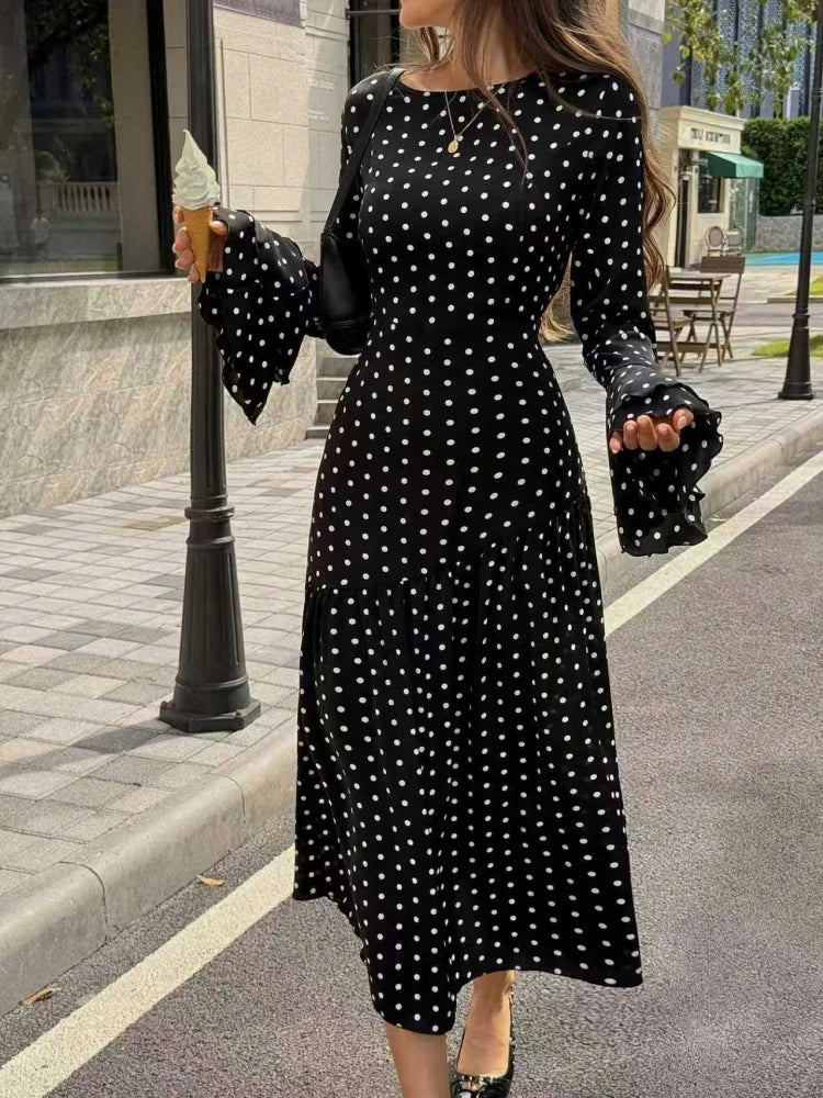 Women's Black & White Polka Dot Midi Dress, Round Neck, Bell Sleeves, Long Sleeves, Waist Tie, Ruffle Hem, Back Cutout, Casual E