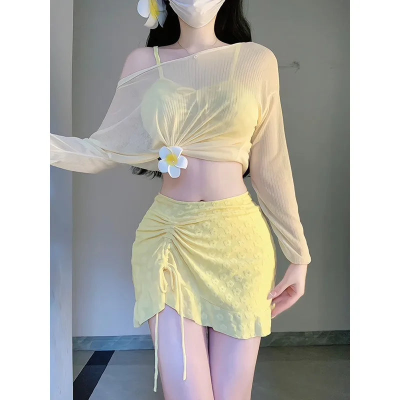 Sweet Girl Swimsuit Three Piece Bikini Long Sleeved Cover Up Skirt Style Spicy Girl Sexy Slimming Hot Spring Swimsuit