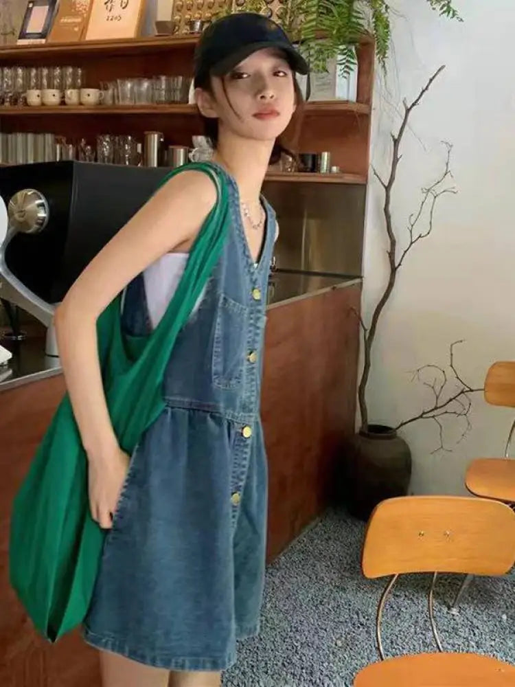 Sleeveless Strap Dress Women 2026 Summer Single-Breasted Pockets Denim Dresses Woman Korean Style Loose A Line Mini Dress