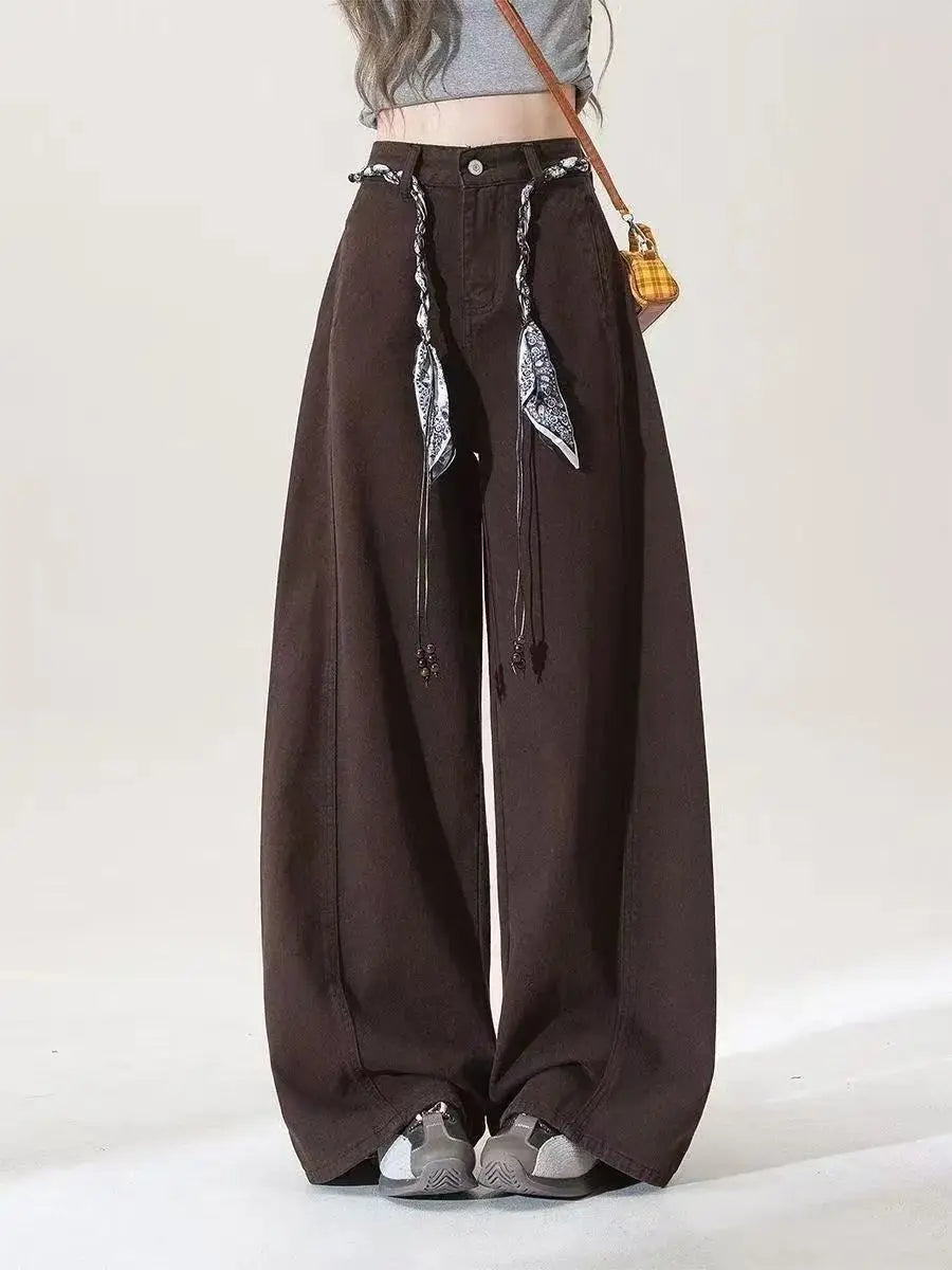 Vintage Brown Patchwork Jeans Women Streetwear High Waist Loose Plaid Denim Pants Y2K Retro Korean Zipper Wide Leg Trouser