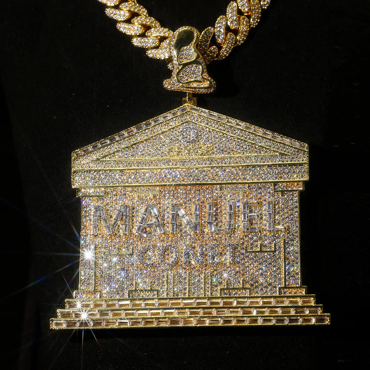 Necklace LYEE CYEE 925 Silver 3D Building Shaped Pendant, Bling Moissanite-Encrusted Custom Text Charm, Hip Hop Streetwear Necklace for Men Jewelry