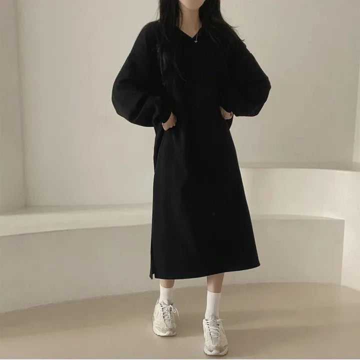 Korean Version of Solid Color POLO Collar Spring and Autumn Loose Lazy Style Long Dress Women