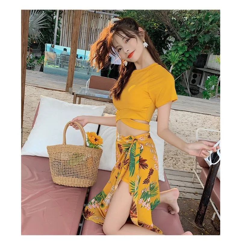 Tropical Two Piece Swimsuit Set with Yellow Short Sleeve Crop Top Tropical Print Wrap Skirt Modest Swimwear for Beach Vacation