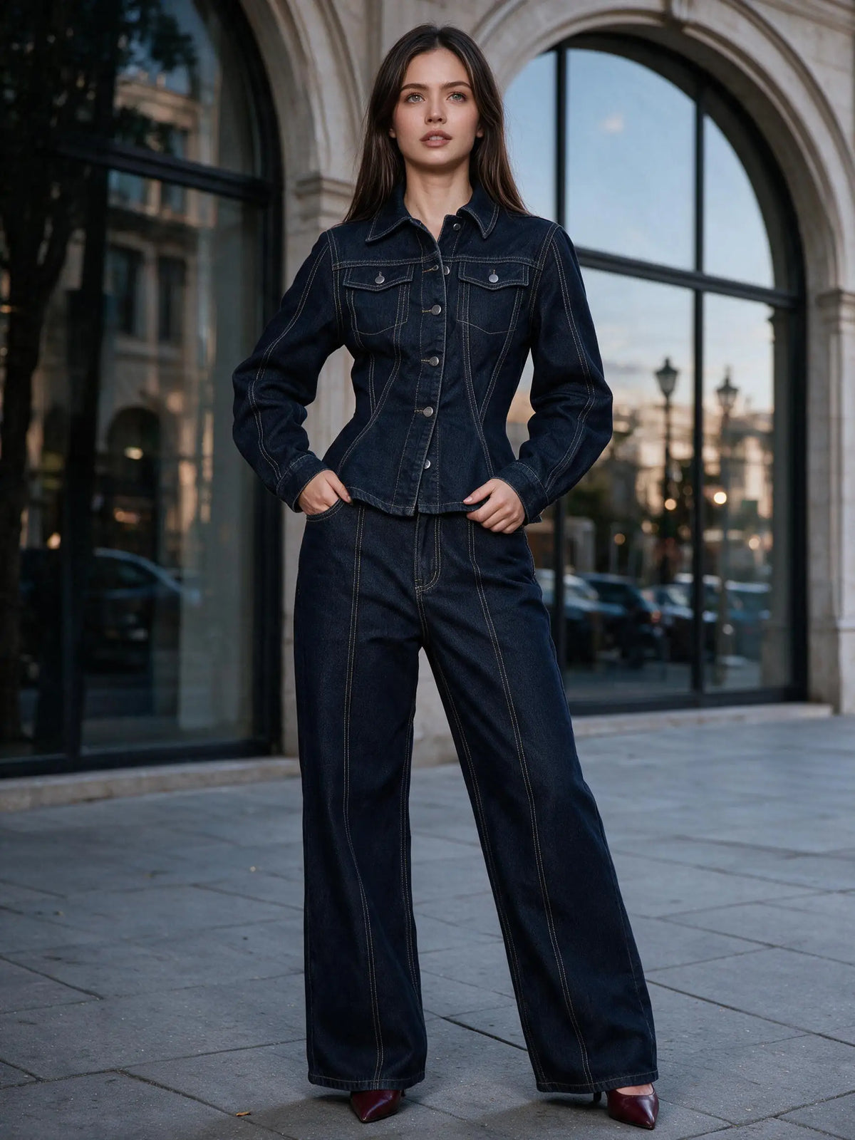 Women's Low Waist Wide Leg Jeans Dark Raw Denim Contrast Stitch Loose Long Trousers Non Stretch Casual Pants With Pockets