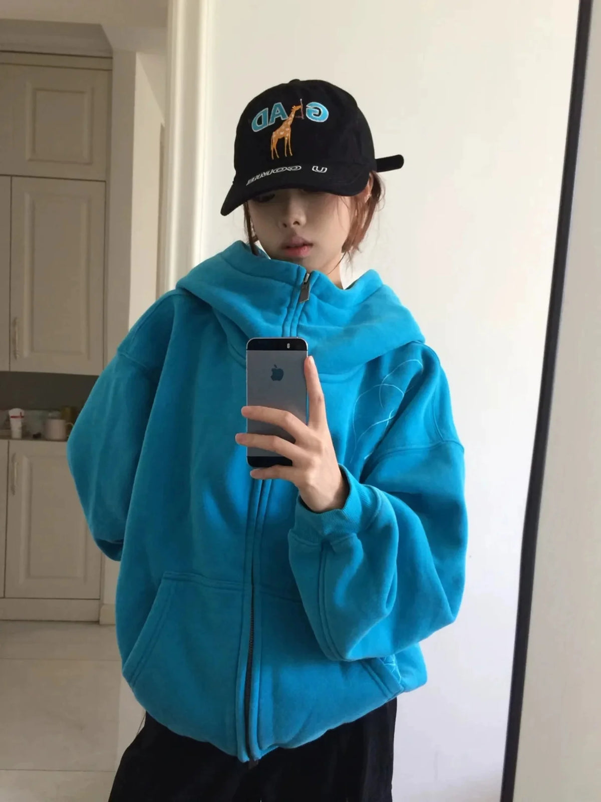 Sweatshirt Lake Blue Floral Embroidery High Collar Hooded Open Cardigan Sweatshirt Women's Autumn Winter New Heavy American Lazy Style J...