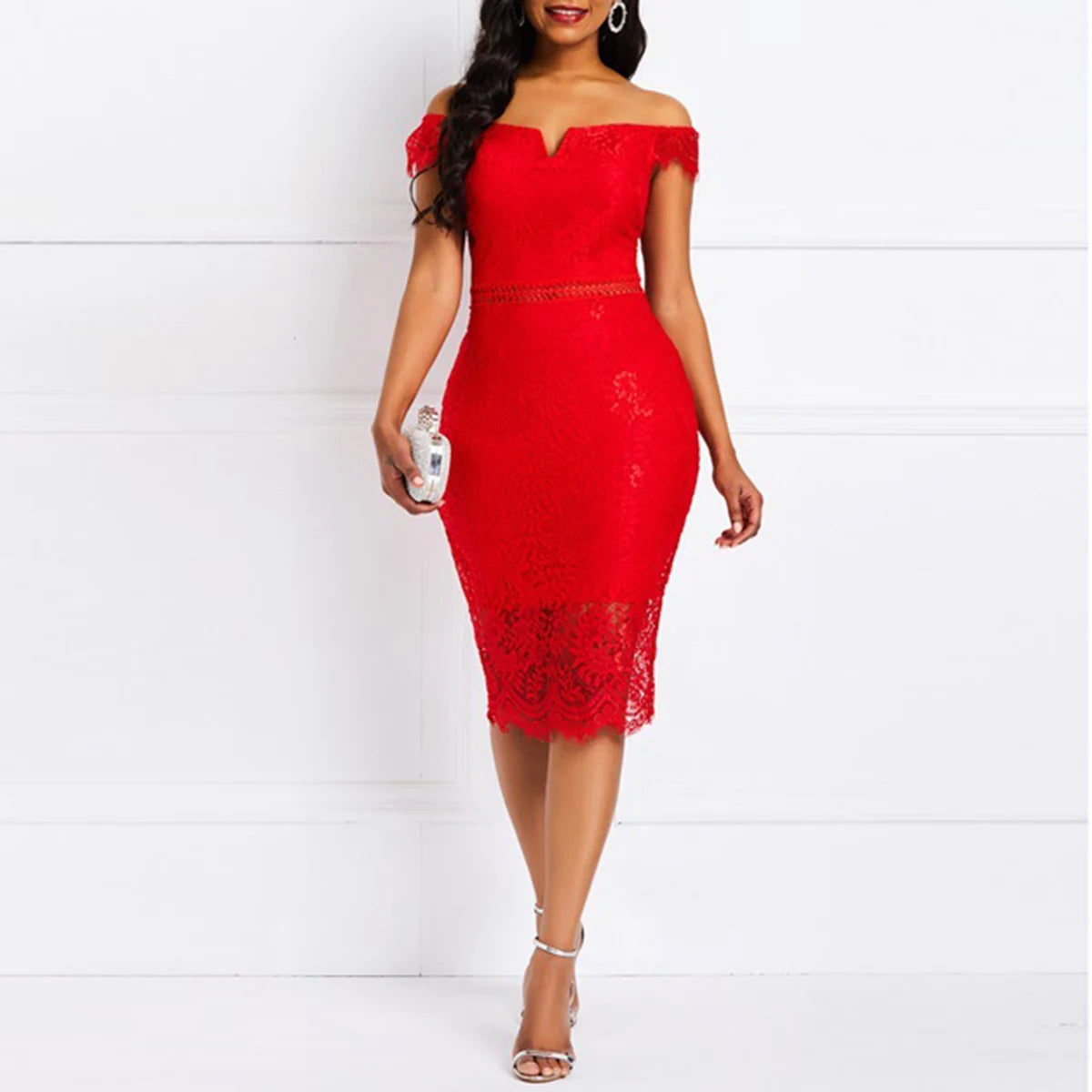 Summer Women Sexy Short-Sleeved V-Neck Lace Dress Casual Women Fashion Slim-Fit Dress