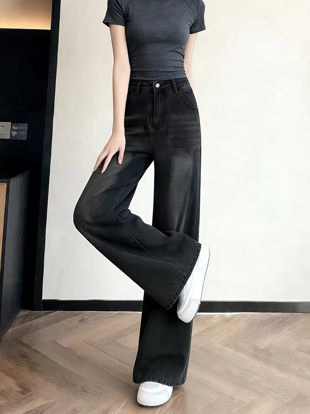 Jeans High Waist Straight Leg Denim Jeans plus Size Vintage Black Women's Fashion Autumn Loose Slimming Wide Leg Pants