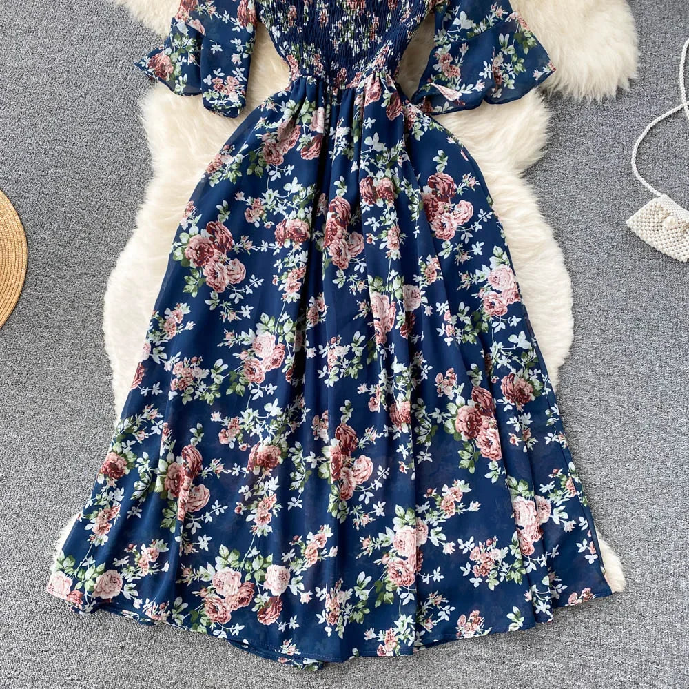 Fashion Summer Flower Print Long Dress Women Vintage Square Neck Ruched Chest Chiffon Sundress Party Vestidos