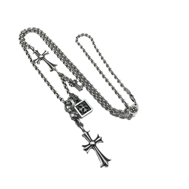 New Cross Necklace Men's and Women's Personality Long Cross Double Pendant Vintage Thai Silver Necklace