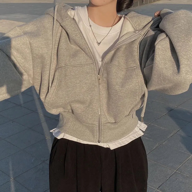 Sweatshirt Elegant Autumn Winter Hooded Sweatshirt Cardigan Women's Loose Long Sleeve Drawstring Design High Quality Simple Style