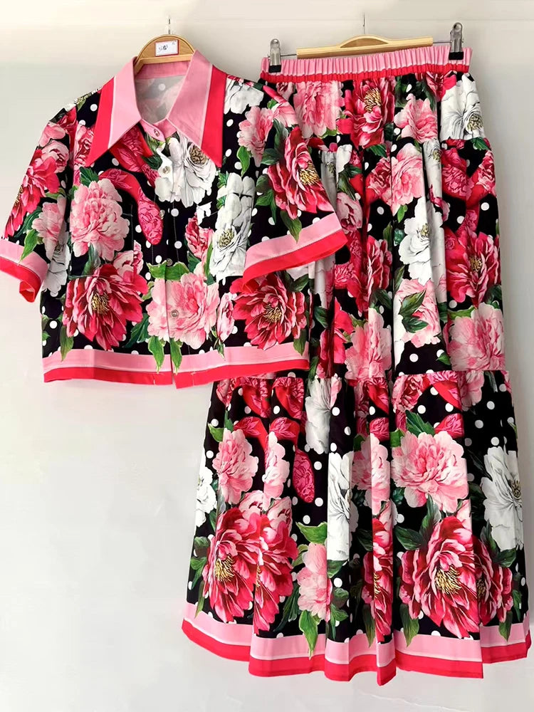 Set Women's Two-piece Skirt 2026 Summer Women's Clothing Retro Printed Lapel Short Shirt Two-piece Set + Loose Large Size Smocked Skirt Fashion Suit