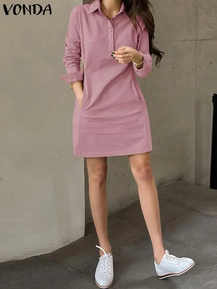 2024 VONDA Women Summer Dress Elegant Long Sleeve Solid Color Shirt Sundress Casual Loose Buttons Pockets Short Mini Vestidos