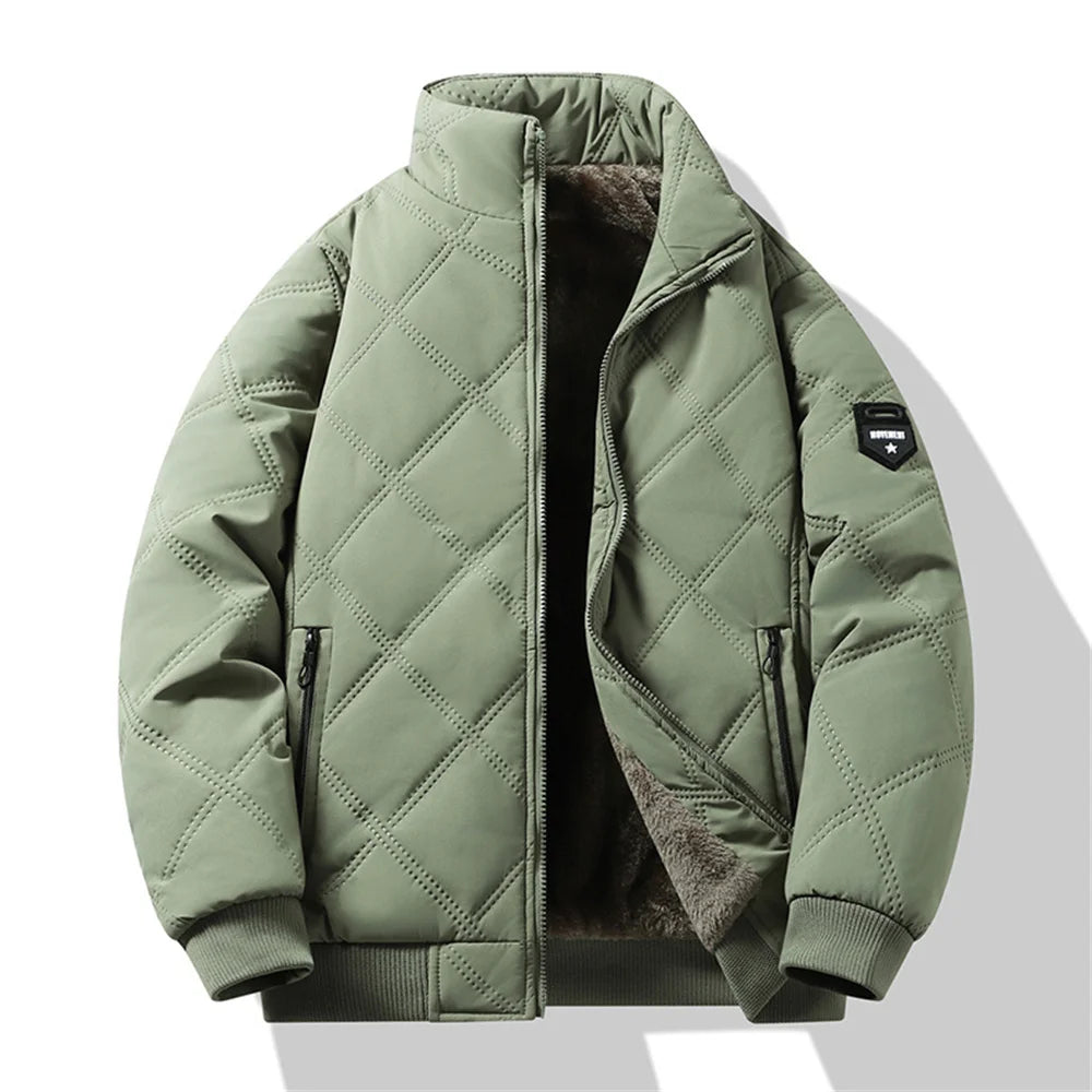 Windproof Thermal Diamond Quilted Jacket Men Winter Men's Fleece-Lined Thickened Parkas Man Cuff Design Stand-Up Collar Jackets