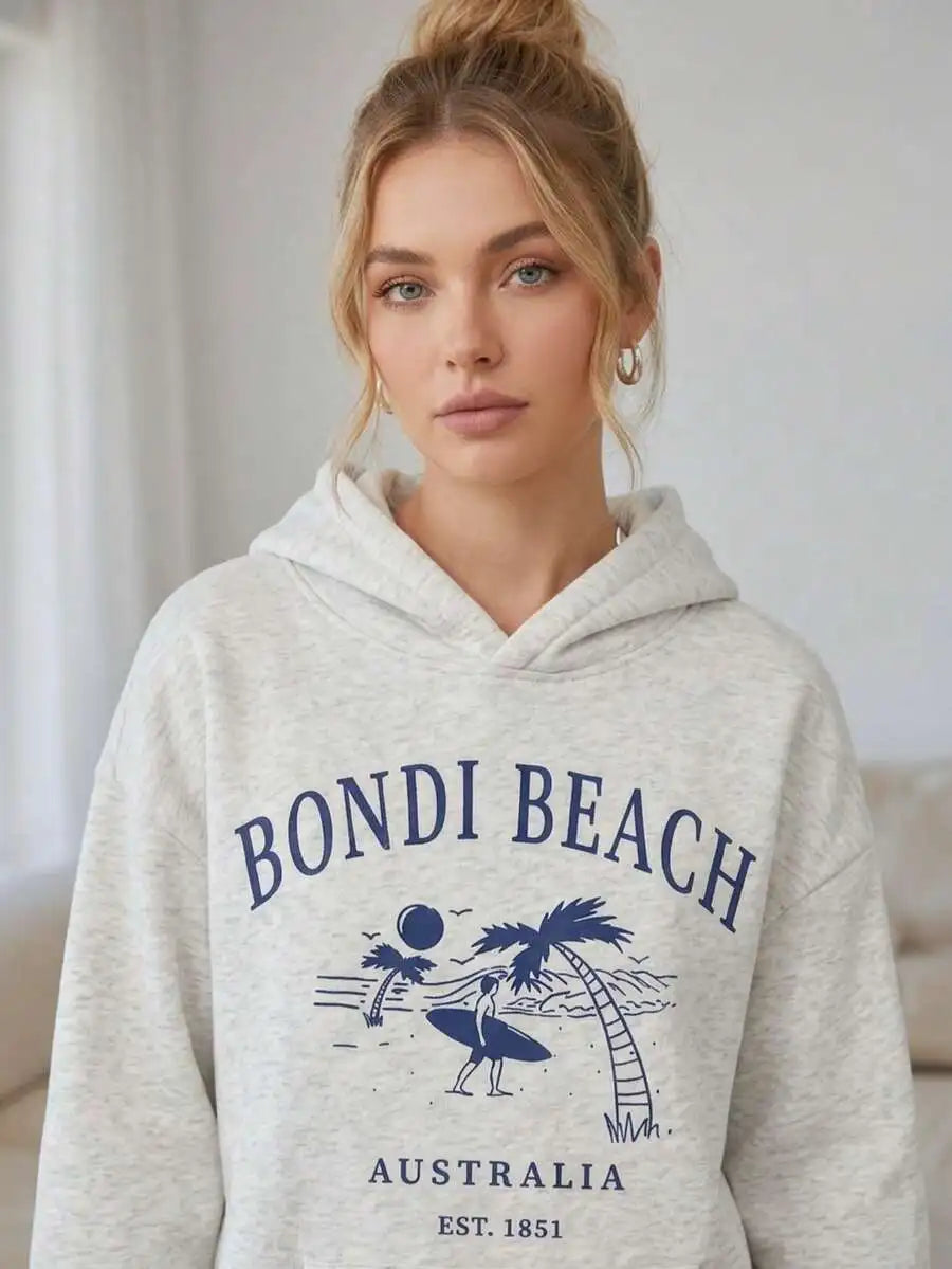 2026 Fashion New Arrival Bondi Beach Coconut Tree Print Womens Grey Drop Shoulder Oversized Pullover Hoodie Long Sleeve Casual Sweatshirt For Teenage Girls Basic Top T Shirt
