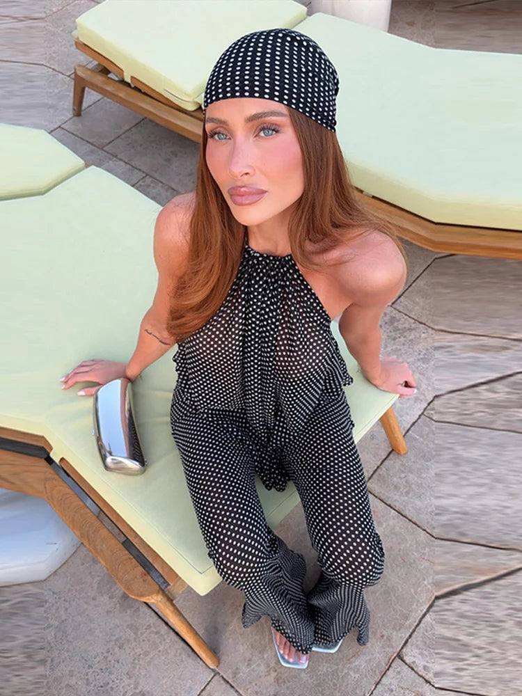 Sexy Striped 2 Piece Pants Sets Women Halter Sleeveless Backless Top Flared Pants Set 2026 Summer Vacation Beach Matching Outfit
