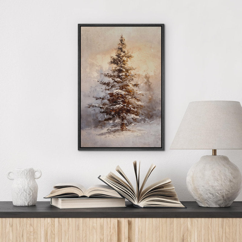 Serene Snowy Christmas Pine Tree in a Rustic Winter Landscape Decor Illustration Modern Art Warm