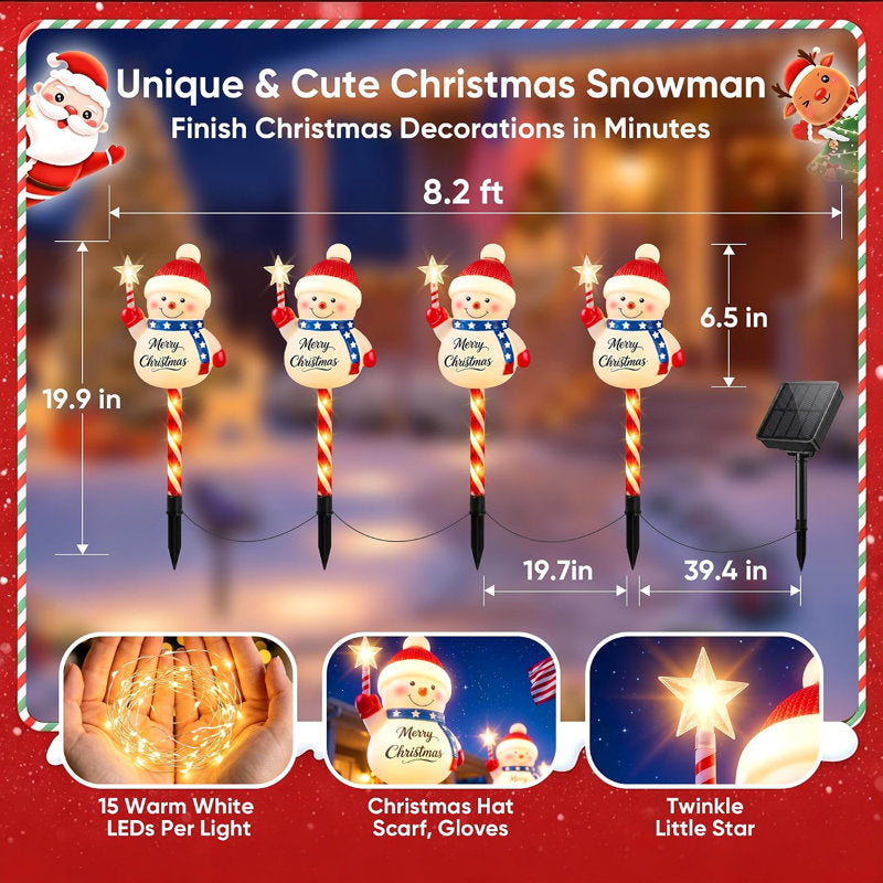 Set Of 4 Snowman Solar Christmas Decorations, 8 Modes Solar Garden Lights, Candy Cane Christmas Stake Light, Outdoor Xmas Decor For Yard, Patio, Pathway