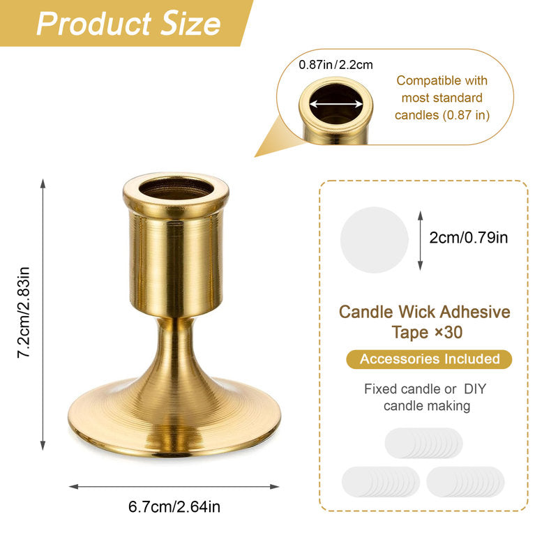 Set of Gold Taper Candle Holders, Metal Vintage Gold Candlestick Holders for Christmas Mantel Decor, Table Centerpiece & Dining Room, with Pieces Candle Wick Adhesive Tapes