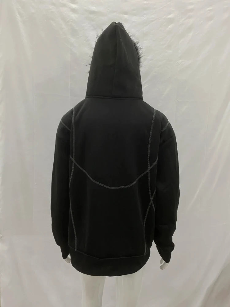 Dark Gothic Solid Color Plush Hat Collar High Street Hip Hop Long Sleeve Hoodies 2000s Autumn Winter Warm Windproof Loose Coat